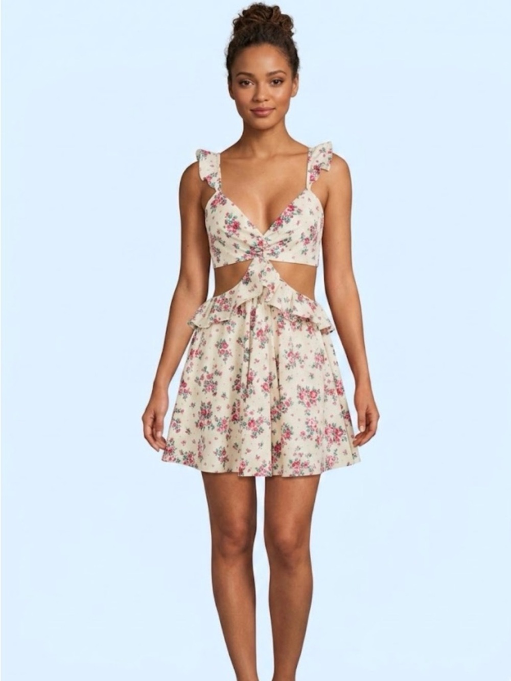 Hello Molly Cream Floral Mini Dress with Pink Roses